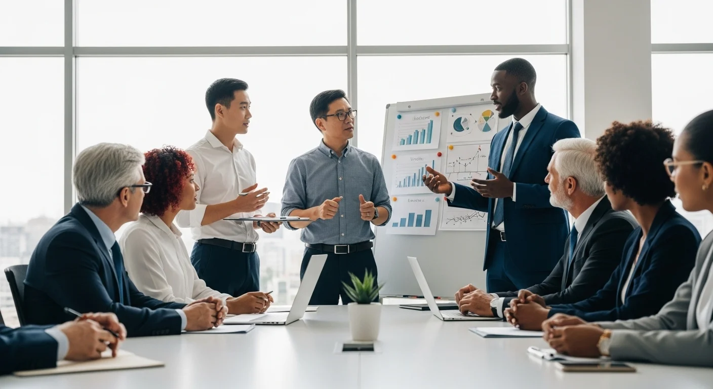 Un grupo de emprendedores presentando su startup a inversionistas en una sala de juntas moderna, discutiendo el futuro de su inversión y emprendimiento.