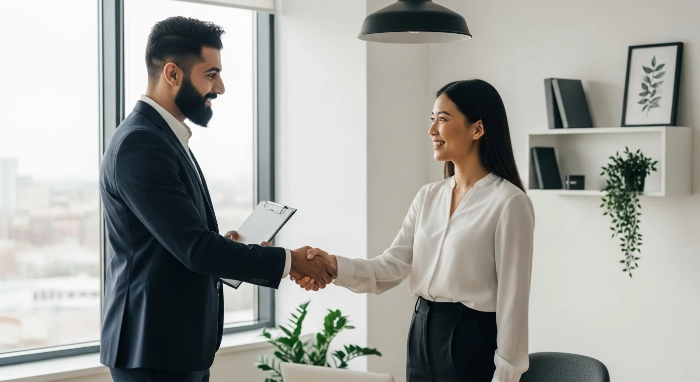 Un inversionista estrechando la mano de la fundadora de una startup, simbolizando la confianza generada por una auditoría de seguridad informática exitosa.
