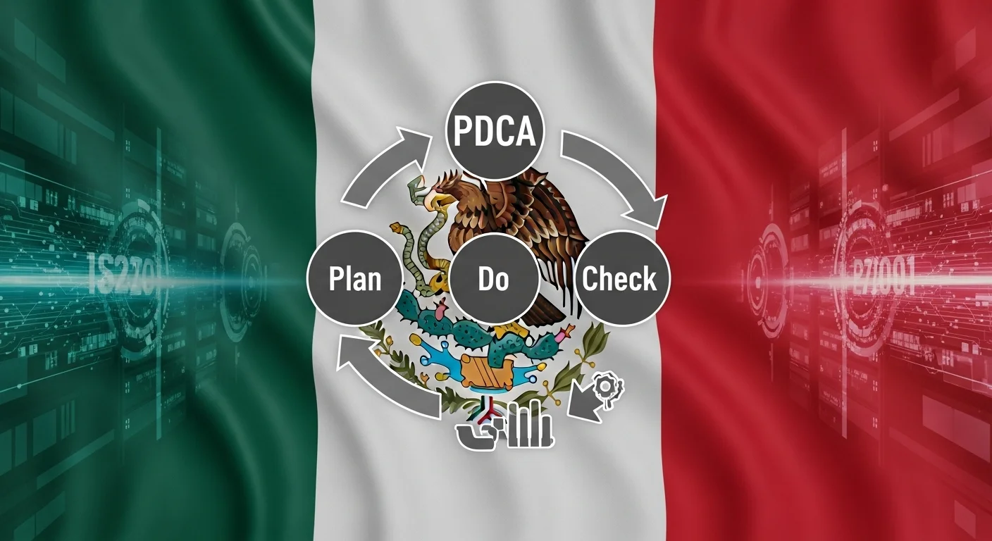 Diagrama del ciclo Plan-Do-Check-Act (PDCA) de la norma ISO 27001, con la bandera de México de fondo, ilustrando la implementación de la ciberseguridad para empresas.