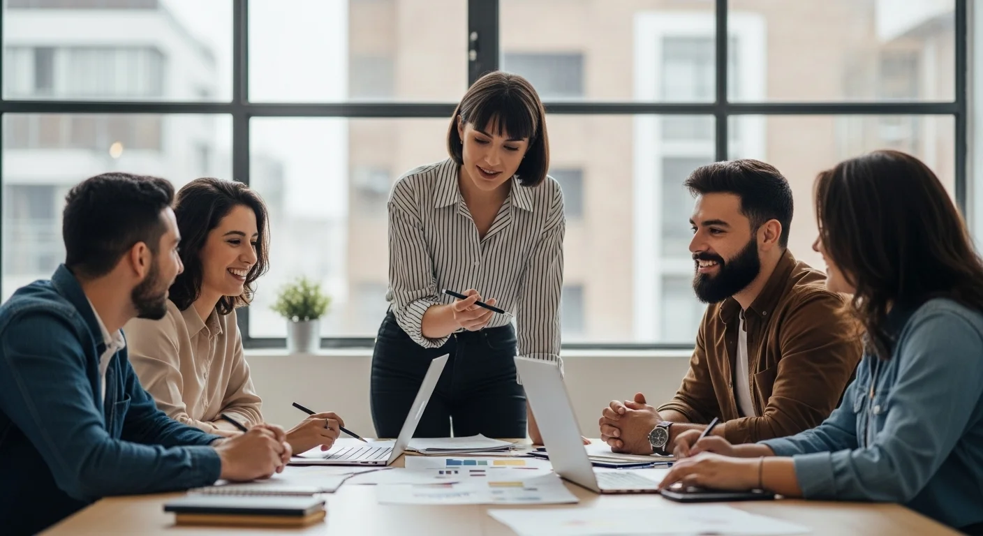 Grupo de jóvenes emprendedores colaborando en una oficina moderna, reflejando el apoyo a jovenes emprendedores en 2024.