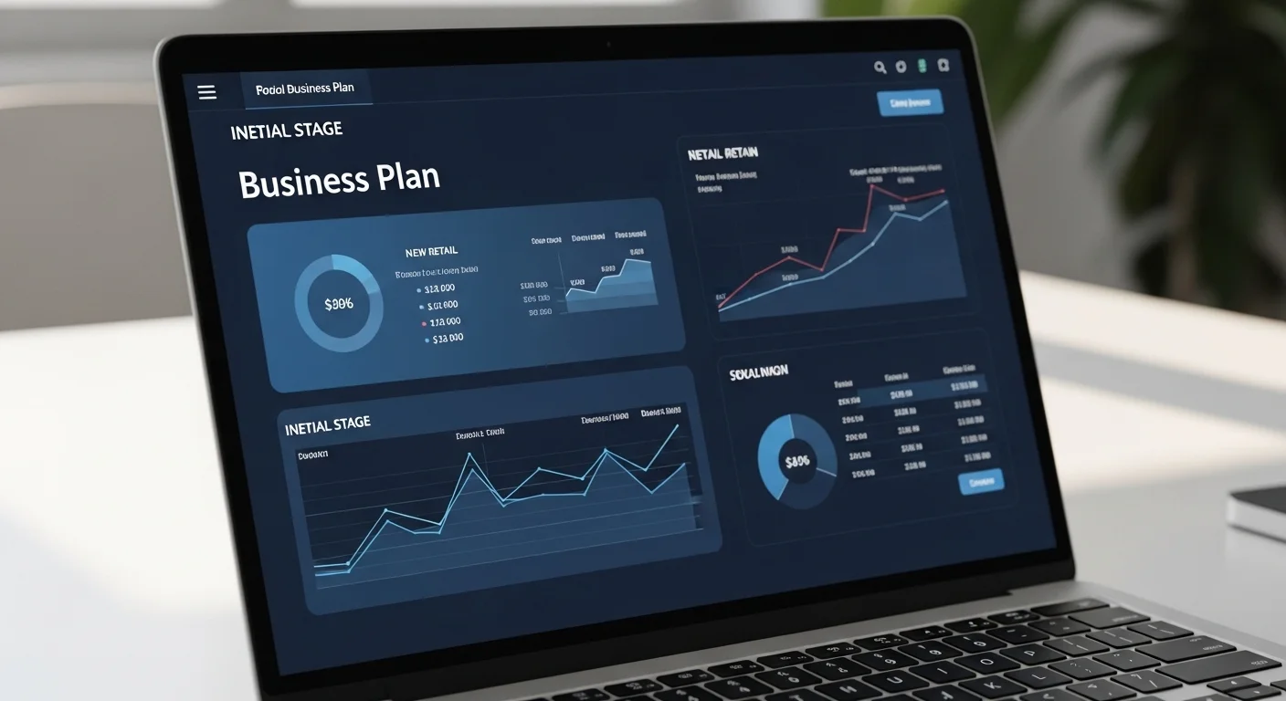Primer plano de una pantalla de laptop mostrando un plan de negocio digital, con gráficos y proyecciones financieras para un nuevo emprendimiento.