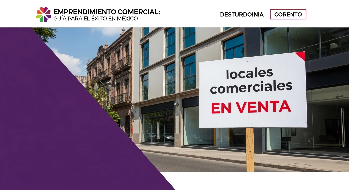 Letrero de 'locales comerciales en venta' frente a una propiedad urbana, simbolizando la inversión en emprendimiento.