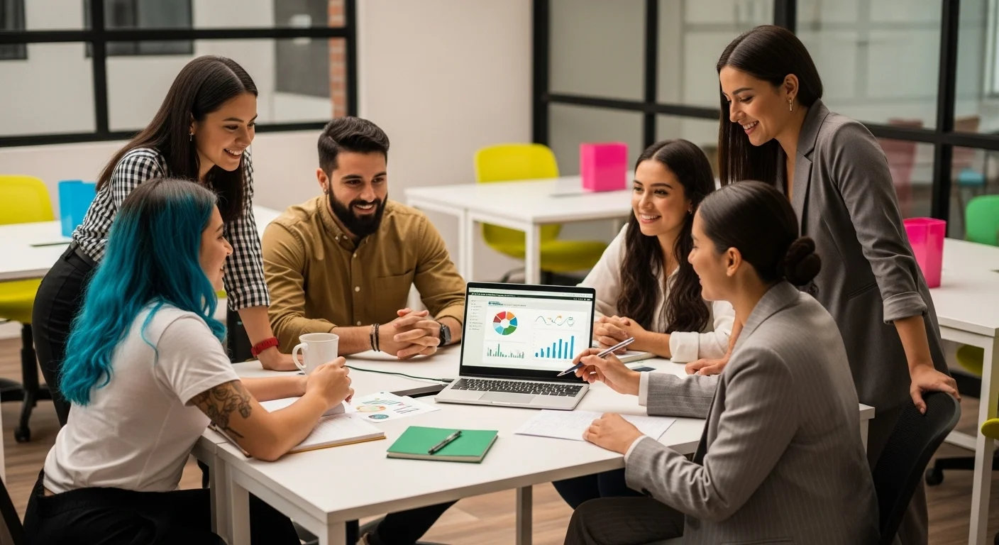 Equipo de jóvenes emprendedores colaborando en una startup moderna, representando los mejores emprendimientos en México.