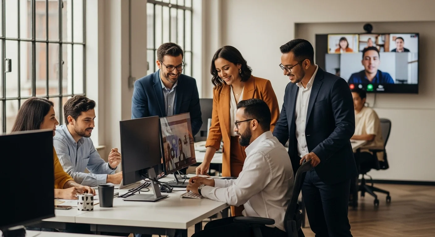 Equipo de una startup de emprendimiento mexicano colaborando en un espacio de oficina moderno, representando el modelo híbrido de trabajo