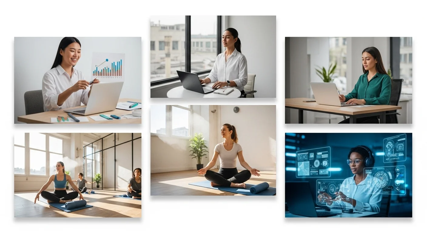 Collage de imágenes que representan ideas de emprendimiento para mujeres: e-commerce, servicios profesionales, bienestar y tecnología.