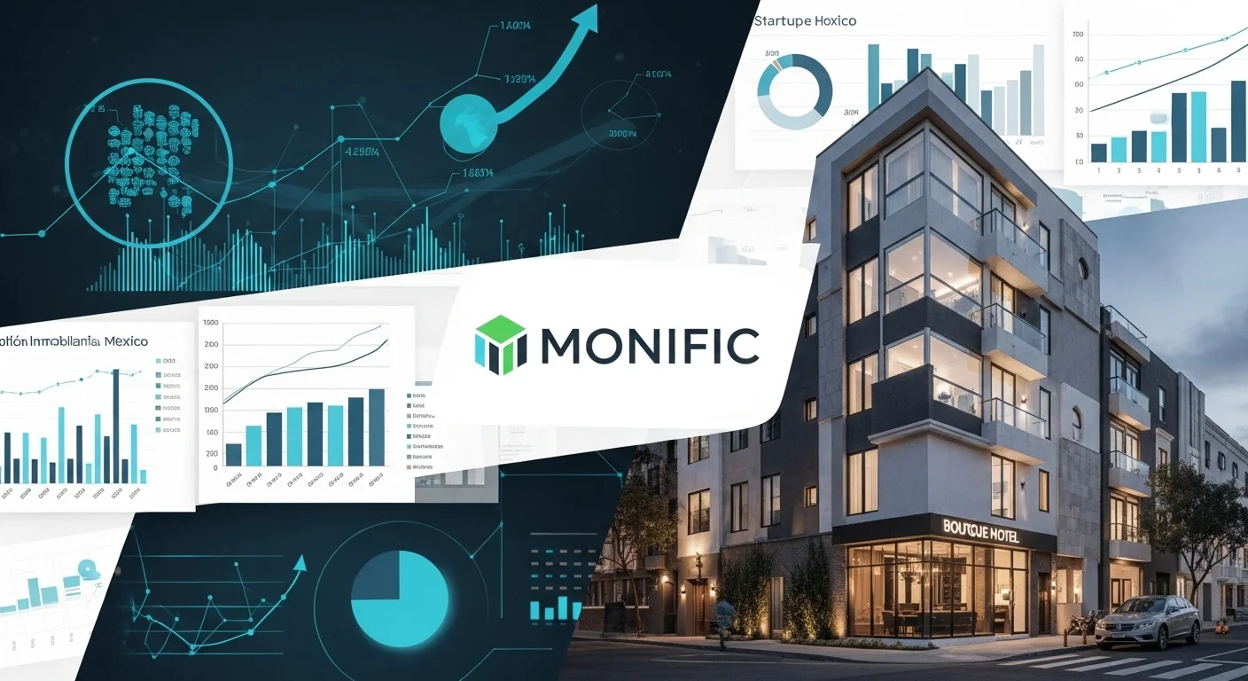 Collage de imágenes que representa el emprendimiento y las startups en México, con gráficos de crecimiento, un hotel boutique y el logo de Monific.