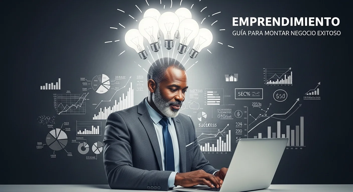 Una persona trabajando en una laptop con gráficos de crecimiento y bombillas de ideas, simbolizando el emprendimiento y el proceso de montar un negocio.