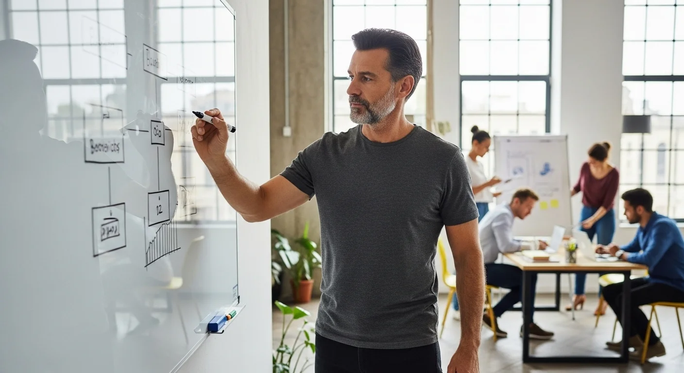Una persona dibujando un plan de negocios en una pizarra, simbolizando el emprendimiento y el proceso de montar un negocio.