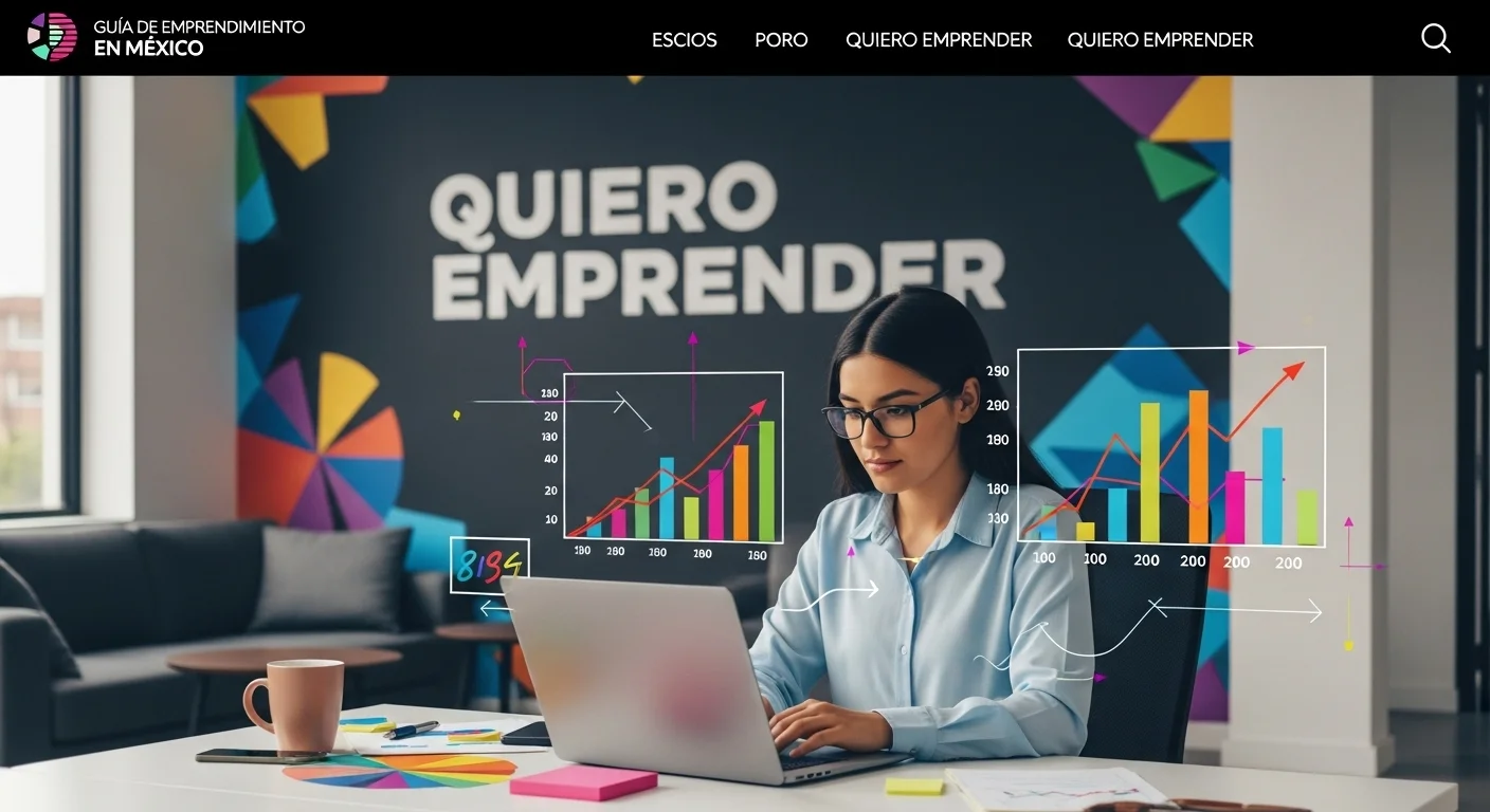 Mujer emprendedora mexicana trabajando en su laptop, planeando su startup, con gráficos de crecimiento y la frase Quiero Emprender