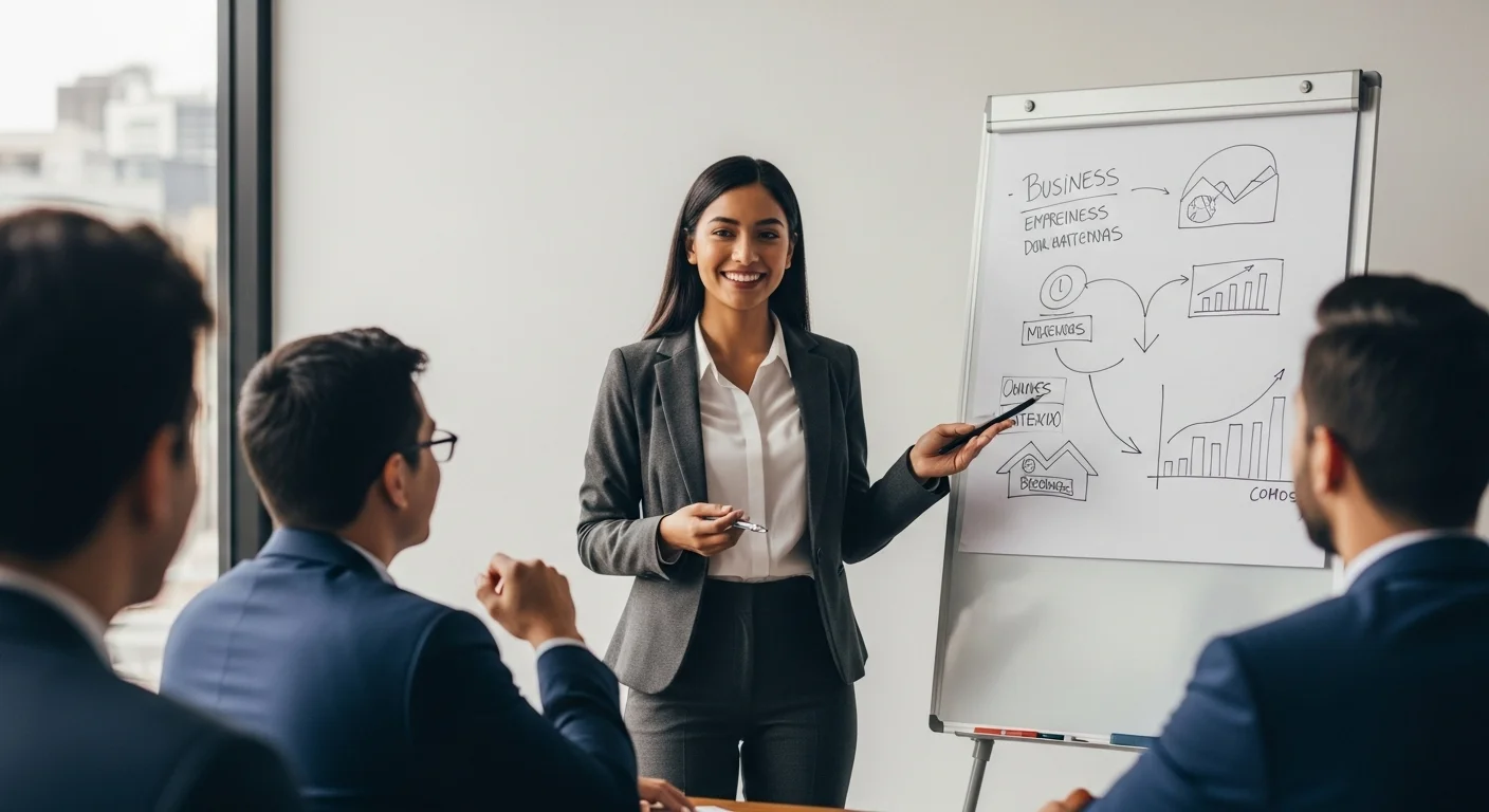 Mujer emprendedora mexicana presentando su proyecto a inversionistas, destacando el liderazgo en un proyecto mujeres emprendedoras.