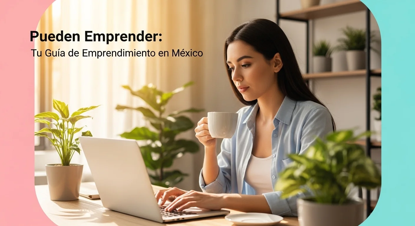 Mujer emprendedora en México trabajando desde su casa con una laptop y un café, gestionando su negocio en línea, uno de los muchos negocios que puedes emprender.