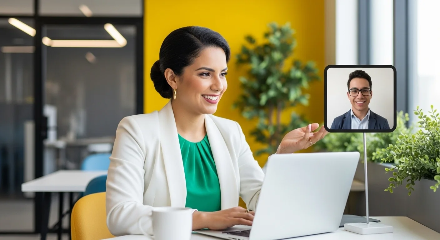 Emprendedora mexicana en un entorno de trabajo híbrido, colaborando en línea y planificando el crecimiento de su startup.