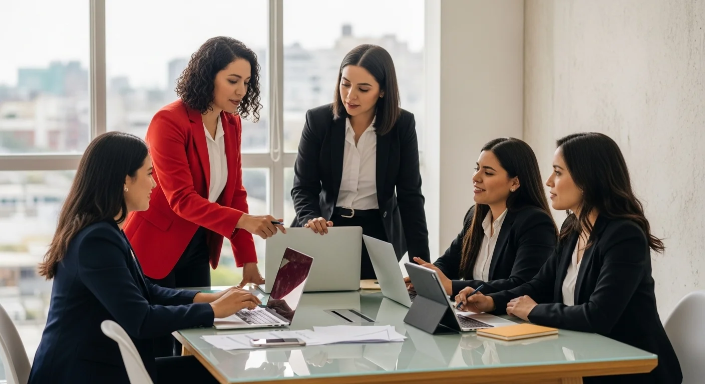 Grupo de mujeres emprendedoras mexicanas en una reunión de estrategia para su startup, mostrando liderazgo e innovación.