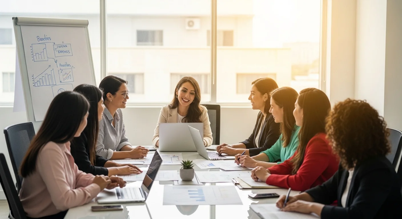 Fotografía de un grupo diverso de mujeres emprendedoras mexicanas colaborando en una oficina moderna y luminosa, discutiendo ideas de negocio.