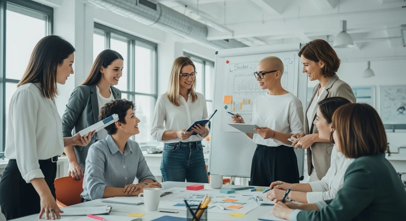Grupo diverso de mujeres emprendedoras colaborando en una startup, planeando estrategias en una oficina moderna.