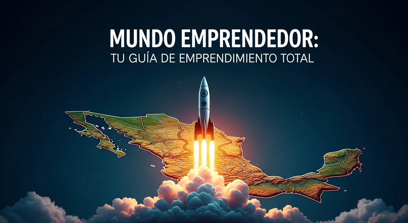 Imagen que representa el Mundo Emprendedor con un cohete despegando sobre un mapa de México, simbolizando el emprendimiento y las startups.