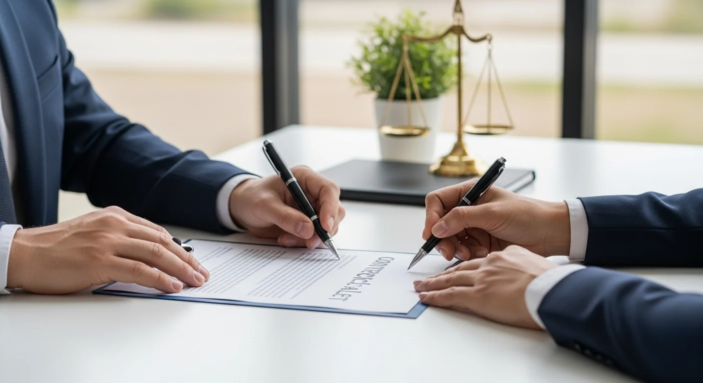 Manos de dos personas sobre un contrato de arrendamiento en un escritorio, representando la negociación y los aspectos legales del alquiler de locales.