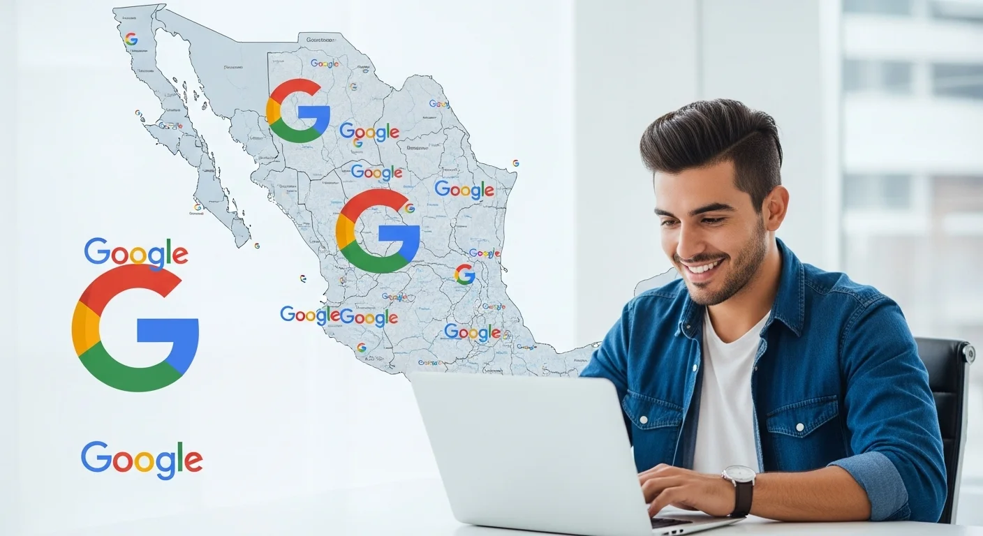 Emprendedor mexicano usando una laptop para gestionar su negocio en Google, con el mapa de México y logos de Google de fondo.