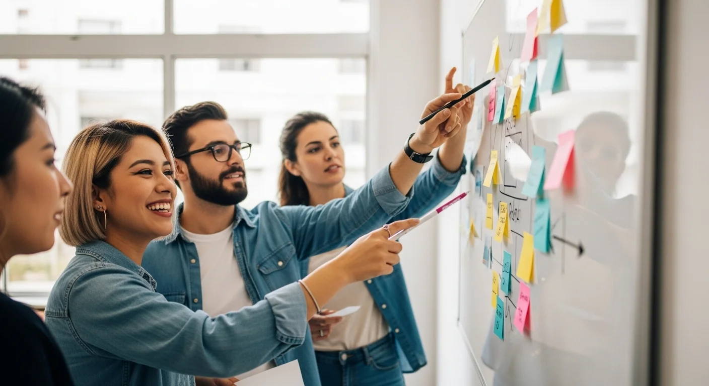 Un grupo diverso de emprendedores colaborando en una pizarra, representando el ecosistema de startups y los negocios con poco dinero en México.
