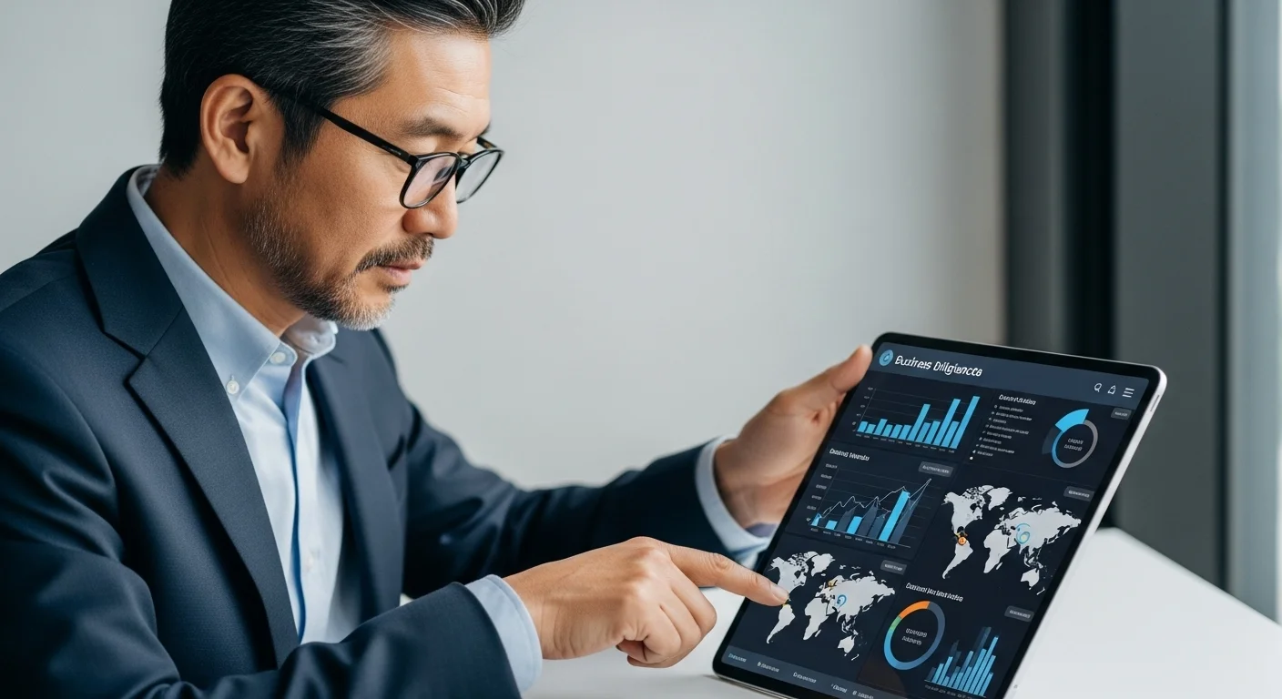 Una persona analizando dashboards de inteligencia de negocios en una tablet, con gráficos de crecimiento y mapas del mundo simbolizando los negocios internacionales y digitales.