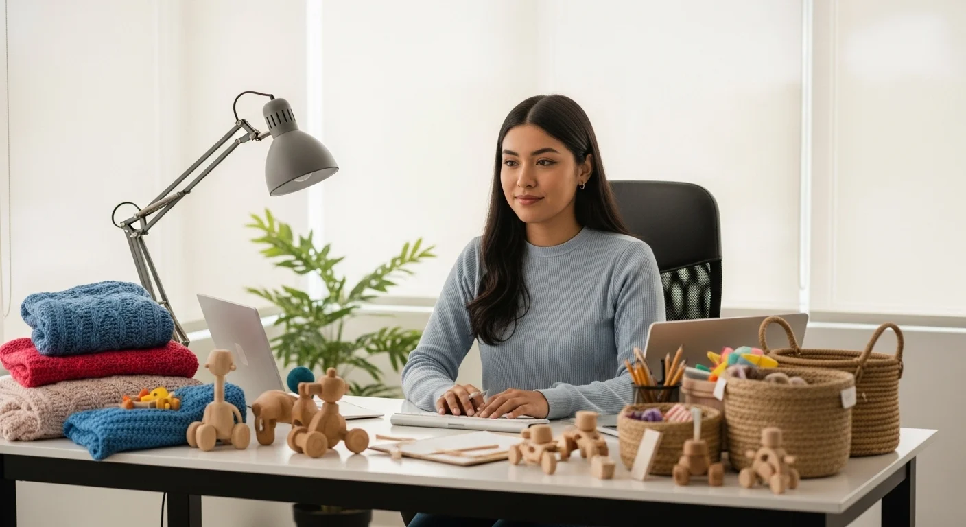 Mujer emprendedora trabajando desde su oficina en casa en México, rodeada de productos de su e-commerce, ilustrando los negocios para emprender en casa.