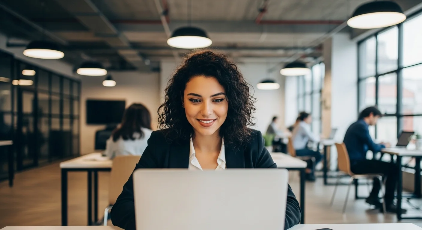 Una persona trabajando en una laptop en un espacio de coworking, simbolizando el emprendimiento y los negocios rentables 2024 para startups.