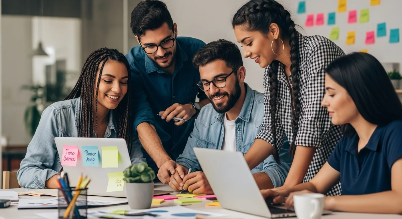 Una imagen vibrante que muestra a un grupo diverso de jóvenes emprendedores mexicanos colaborando en un espacio de coworking moderno, rodeados de tecnología y notas adhesivas, simbolizando la innovación en los negocios rentables y las startups.