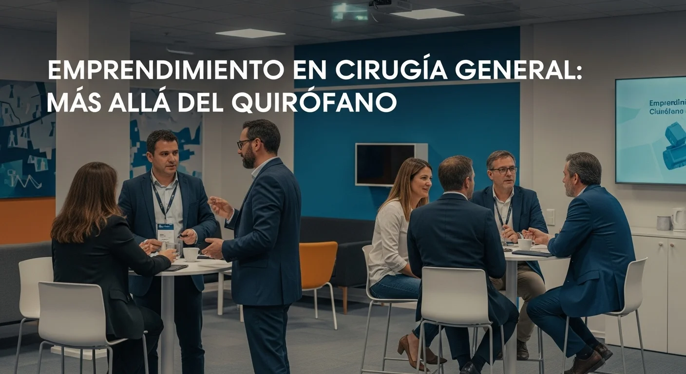 Grupo de médicos y empresarios conversando animadamente durante un receso en un congreso, ilustrando el networking y las oportunidades de negocio.