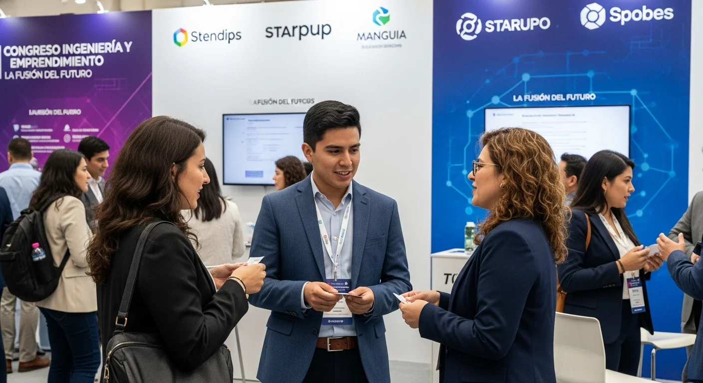 Imagen de un evento de networking en un congreso de ingeniería en México. Se ven profesionales intercambiando tarjetas y conversando animadamente, con logos de startups y empresas tecnológicas de fondo.