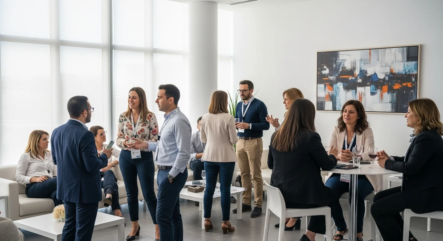 Grupo de profesionales de la salud y emprendedores haciendo networking en el lounge de un congreso internacional de medicina.