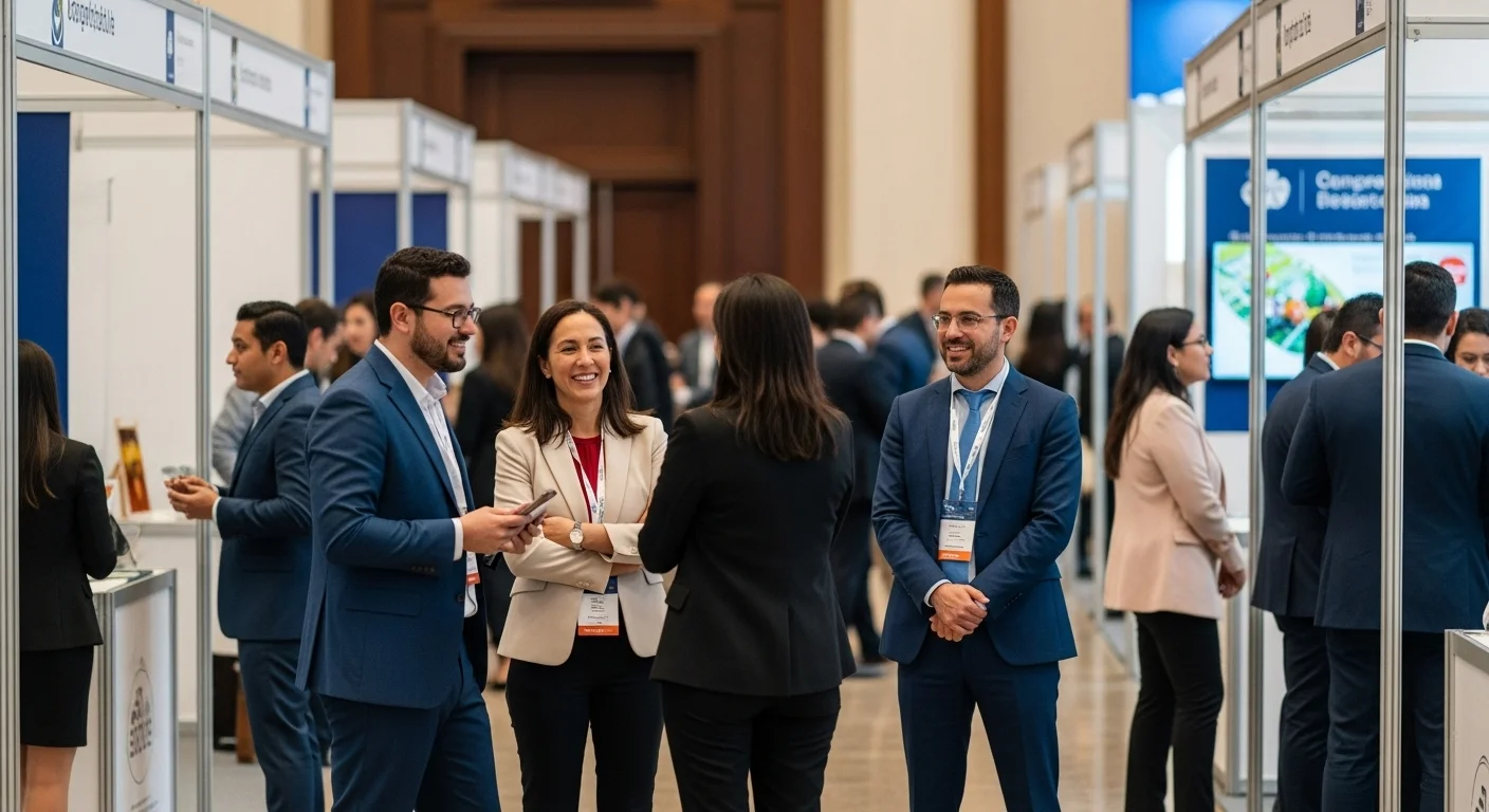 Grupo de profesionales de la salud y emprendedores haciendo networking durante un congreso médico en México.