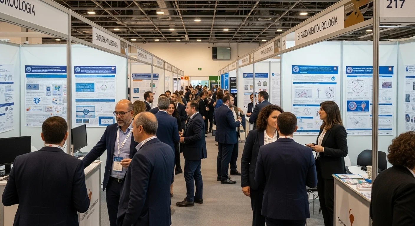 Una fotografía dinámica de personas haciendo networking en el área de exposición de un congreso de urología, con stands de tecnología médica y posters científicos visibles.