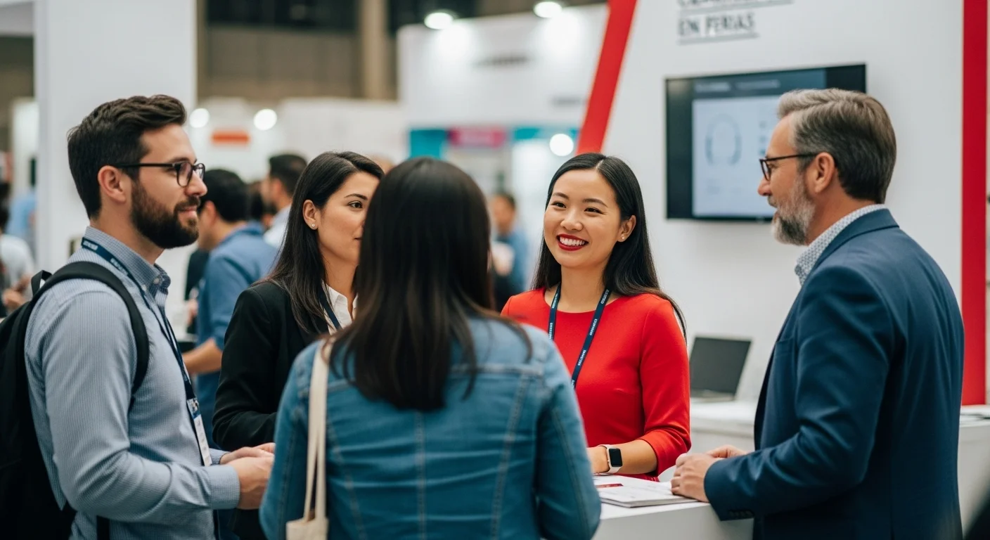 Emprendedores haciendo networking en un stand durante un congreso de startups en Ciudad de México.