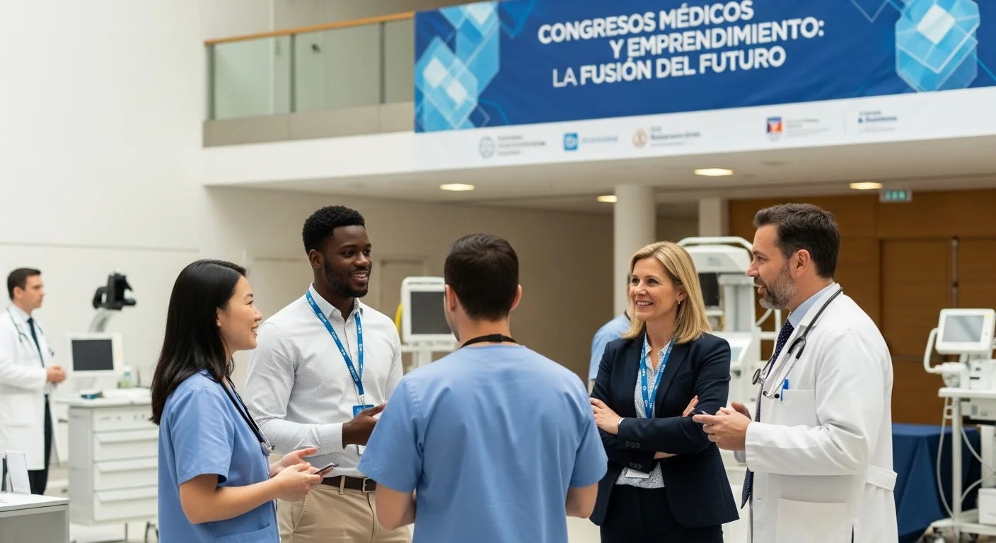 Fundadores de una startup de salud haciendo networking con inversores y doctores en un congreso médico.