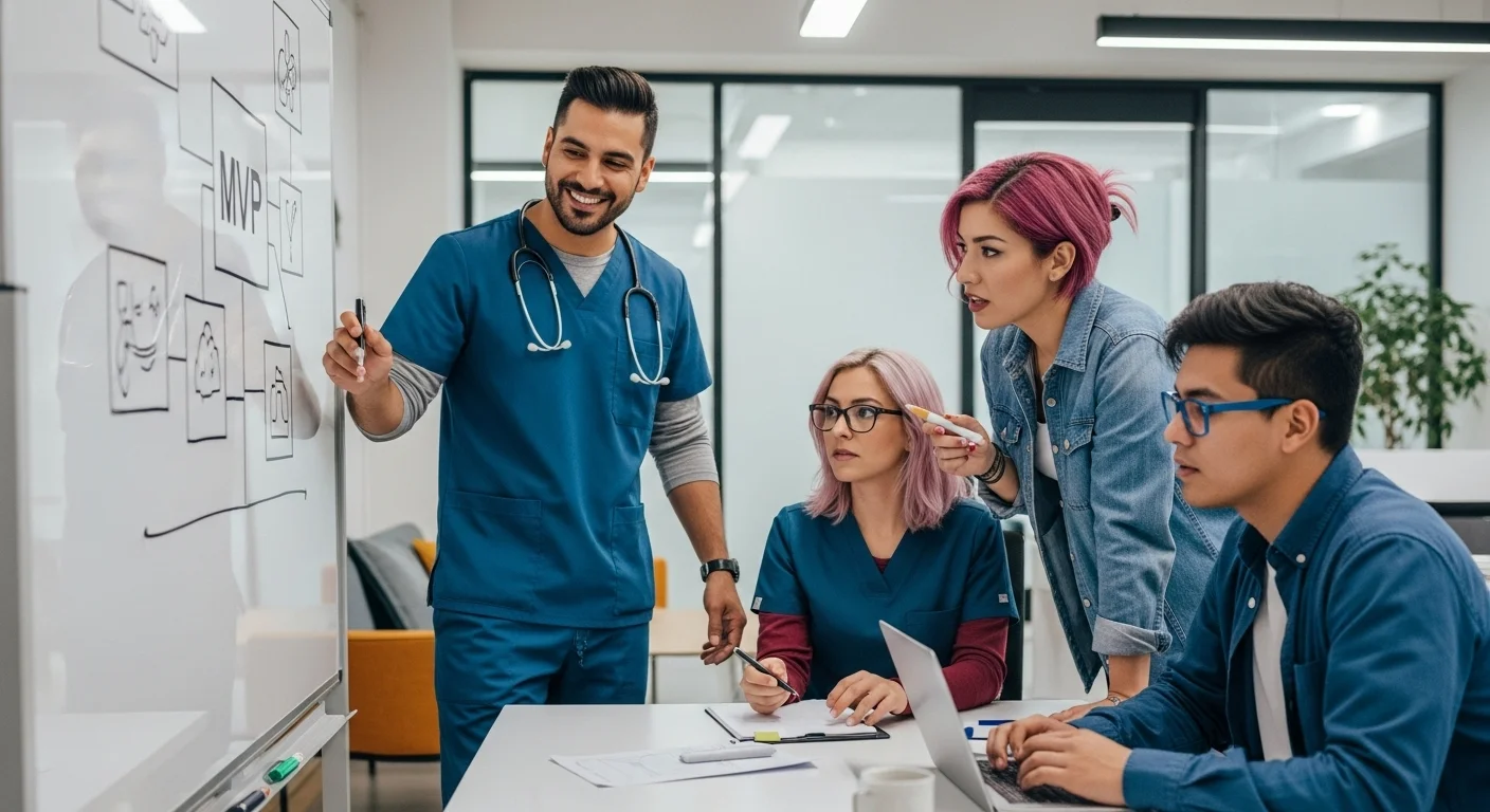 Un equipo diverso, incluyendo una enfermera, un ingeniero y un diseñador, colaborando en el desarrollo de un Producto Mínimo Viable (MVP) para una startup de HealthTech en una oficina moderna en México.