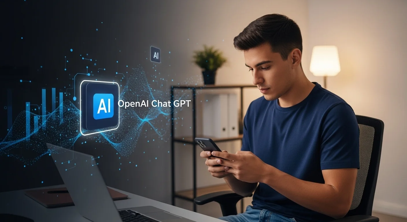 Un emprendedor mexicano en su oficina utilizando la app de OpenAI Chat GPT en su celular para planificar el crecimiento de su startup, con gráficos de fondo.