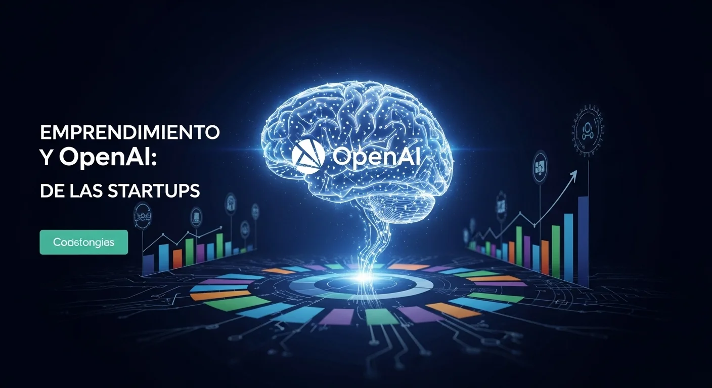 Una imagen conceptual que muestra el logo de OpenAI fusionado con un cerebro humano iluminado, sobre un fondo que representa el ecosistema de startups en México con gráficos de crecimiento y colaboración.
