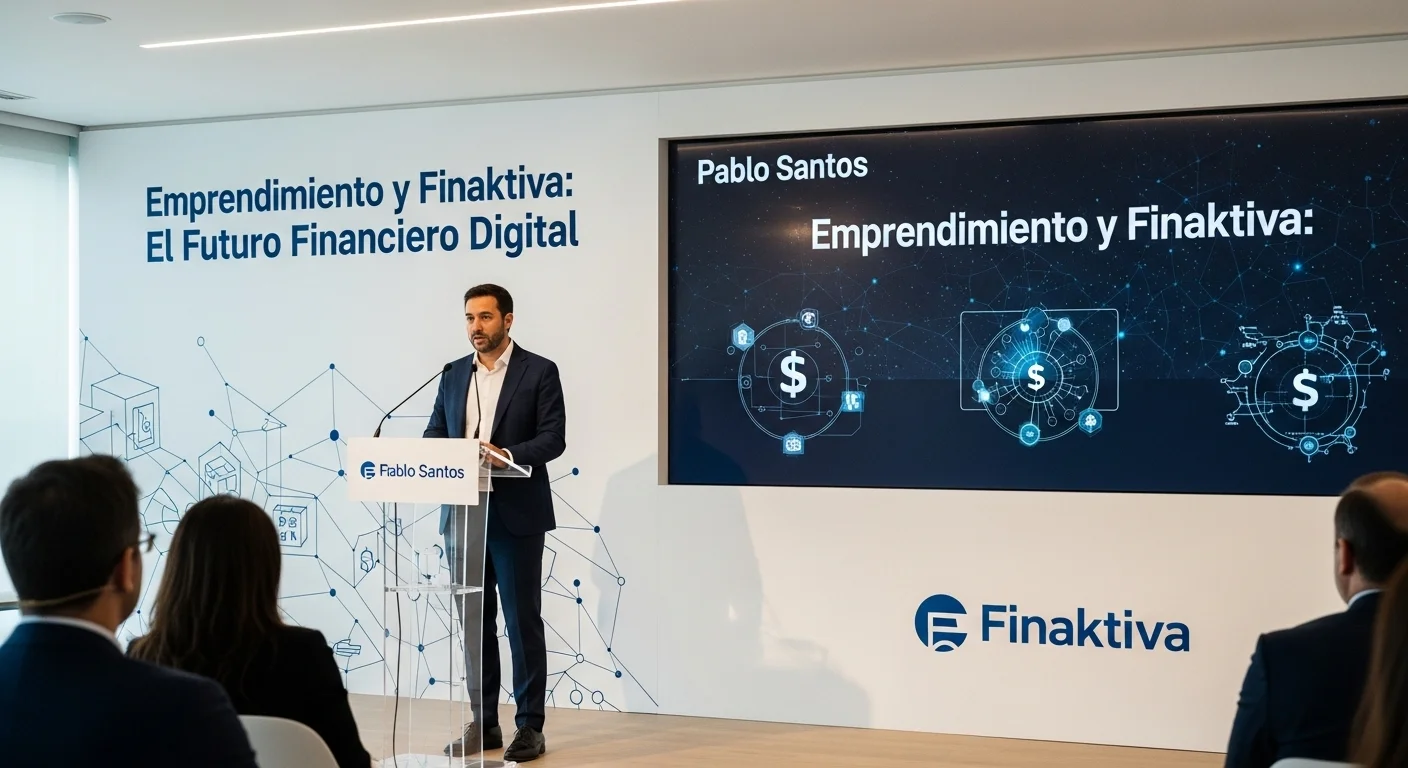 Imagen profesional de Pablo Santos, CEO de Finaktiva, en una conferencia sobre el futuro del emprendimiento y la tecnología financiera.