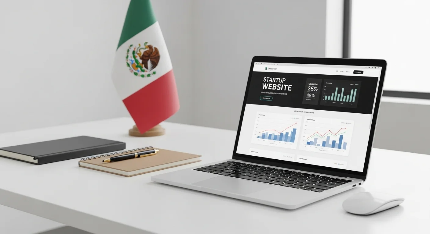 Una laptop mostrando una pagina web de una startup con gráficos de crecimiento, sobre un escritorio moderno con elementos de emprendimiento y la bandera de México al fondo.