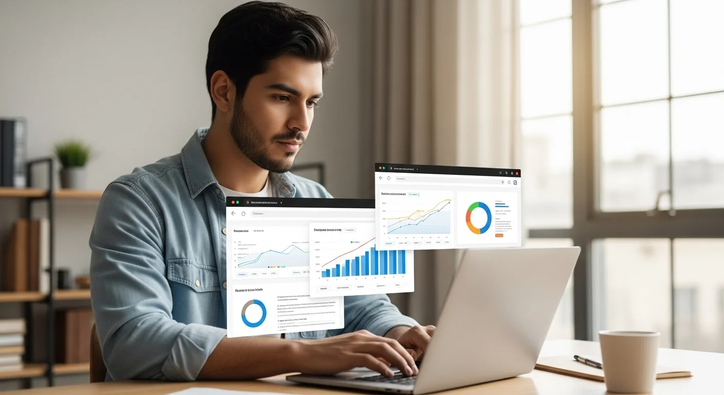 Emprendedor mexicano trabajando en su laptop, analizando gráficos de crecimiento en diversas páginas para ganar dinero y hacer crecer su startup.