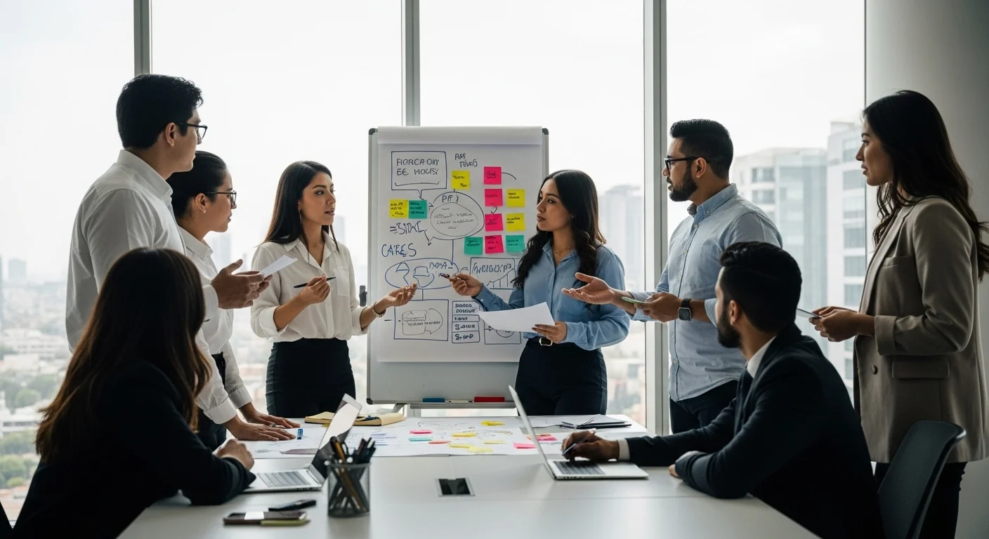 Equipo de una startup mexicana discutiendo los pasos para un emprendimiento en una oficina moderna.