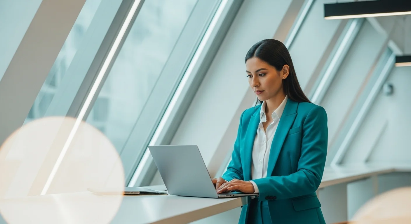 Emprendedora mexicana trabajando en su laptop, planeando los pasos para crear su emprendimiento.