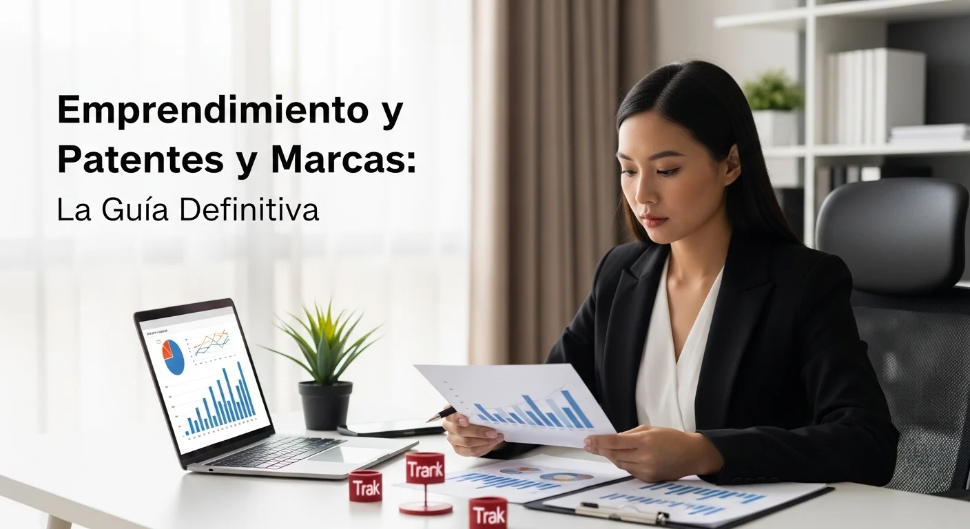 Una persona emprendedora analizando documentos de patentes y marcas frente a una laptop que muestra gráficos de crecimiento, simbolizando el éxito de una startup.