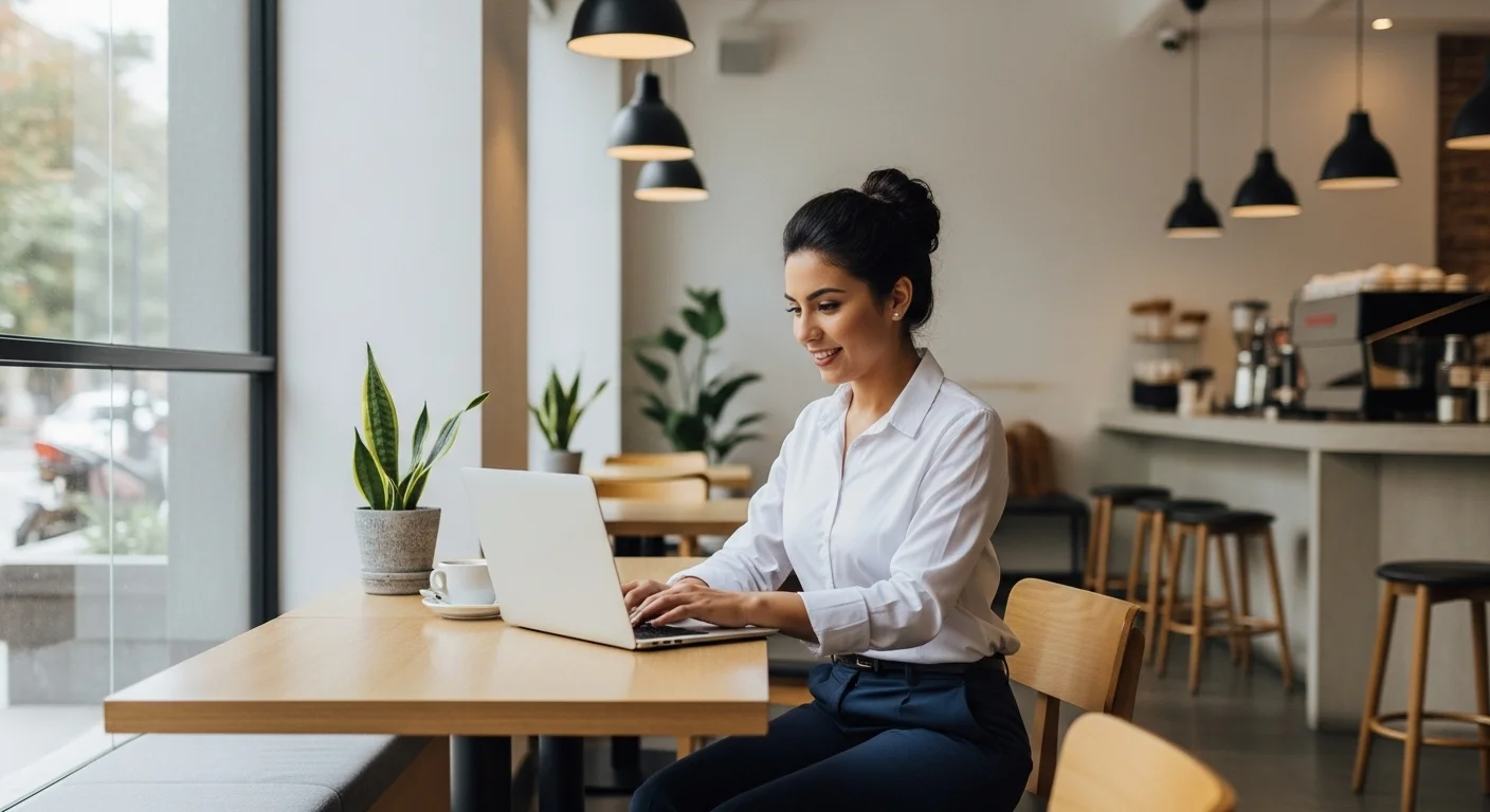 Emprendedora mexicana trabajando en su laptop en una cafetería moderna, simbolizando el éxito de un pequeño emprendimiento.