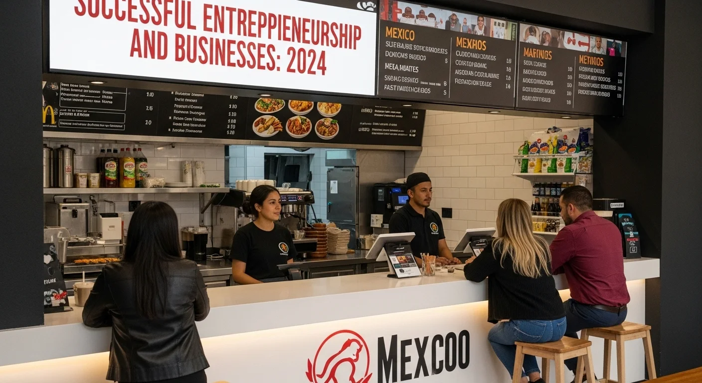 El mostrador de un pequeño negocio de comida rápida exitoso en México, con un branding moderno y clientes satisfechos, representando ideas de negocios exitosos en 2024.