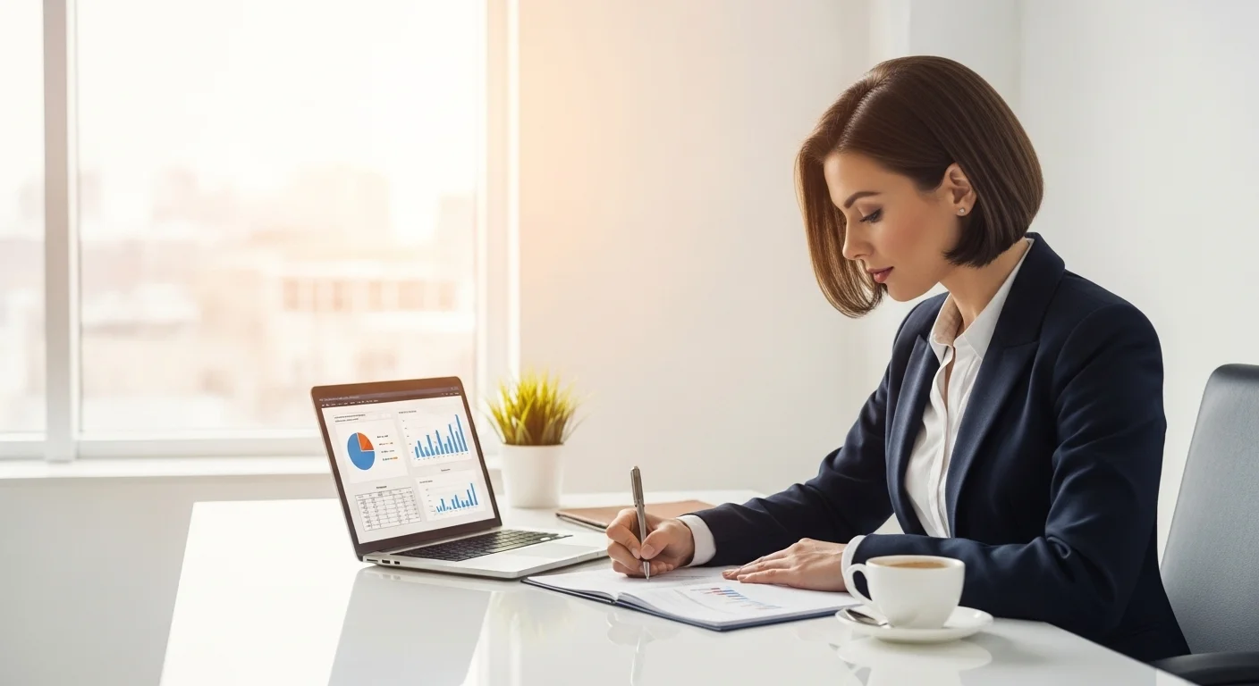 Persona escribiendo un plan de negocios para un diner, con gráficos financieros y una taza de café al lado, simbolizando el emprendimiento y startups.