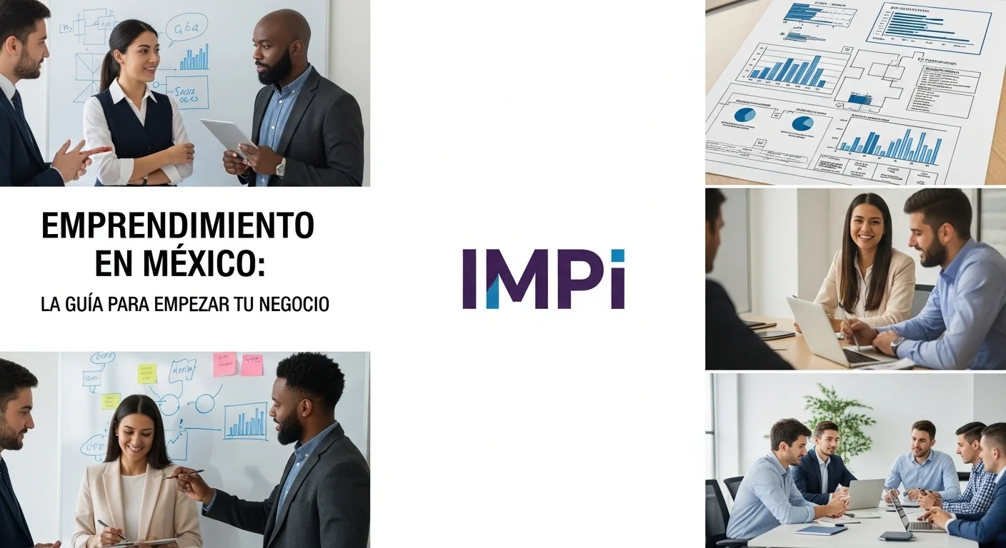Collage de imágenes que muestran un plan de negocios, el logo del IMPI para marcas y patentes, y una reunión de equipo, representando la planificación para empezar un negocio.
