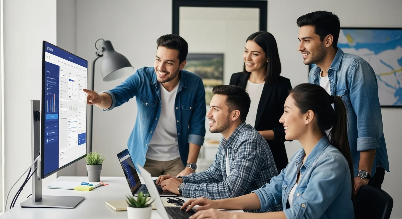 Un equipo de desarrolladores y emprendedores colaborando en una oficina moderna, diseñando la interfaz de una plataforma fintech en una pantalla grande.