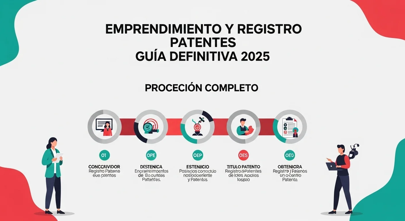 Infografía del proceso de registro de patente para una startup, mostrando los pasos desde la idea hasta la concesión del título.