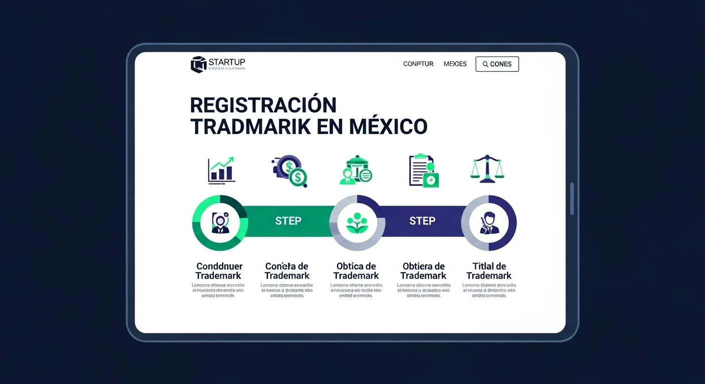 Infografía del proceso de registro de una marca en el IMPI, mostrando los pasos desde la búsqueda hasta la obtención del título, para un emprendimiento mexicano.
